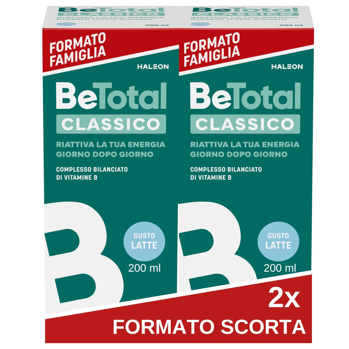 Be-Total Classico Integratore Alimentare di Vitamina B per Ridurre la Stanchezza e Riattivare l’Energia, a Supporto del Sistema Immunitario, Bambini 3+ e Adulti, Gusto Latte, 2x200ml