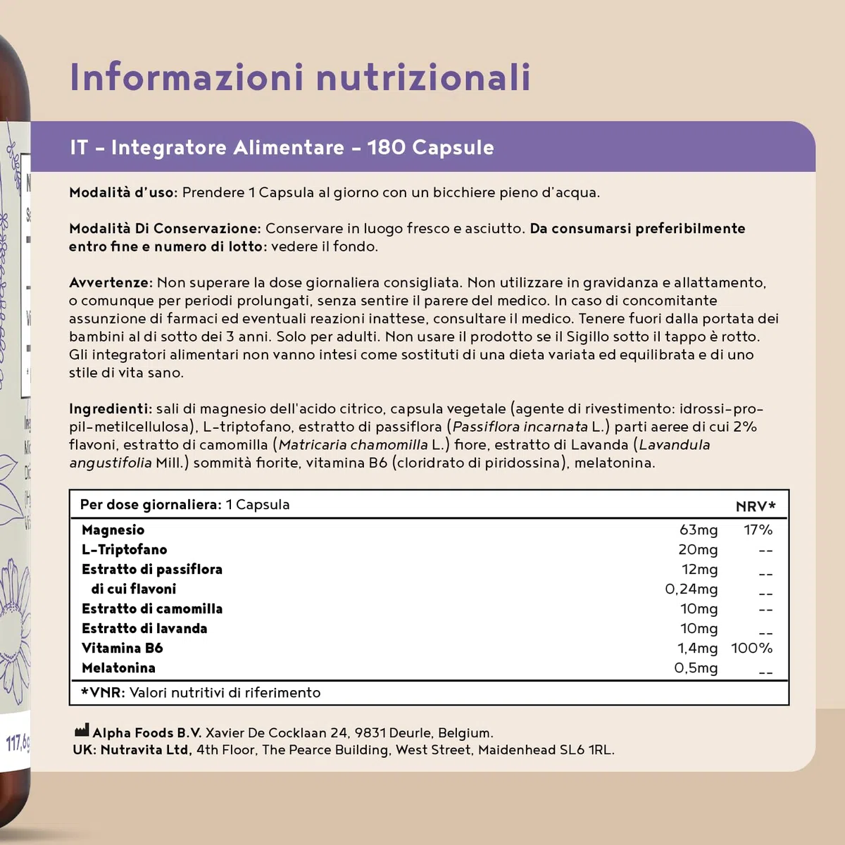 Melatonina 0,5 mg | 180 Capsule | Integratore Sonno con Magnesio, L-Triptofano, Passiflora, Lavanda, Camomilla e Vitamina B6 | per dormire e Jet Lag | Favorisce il Rilassamento | Alpha Foods