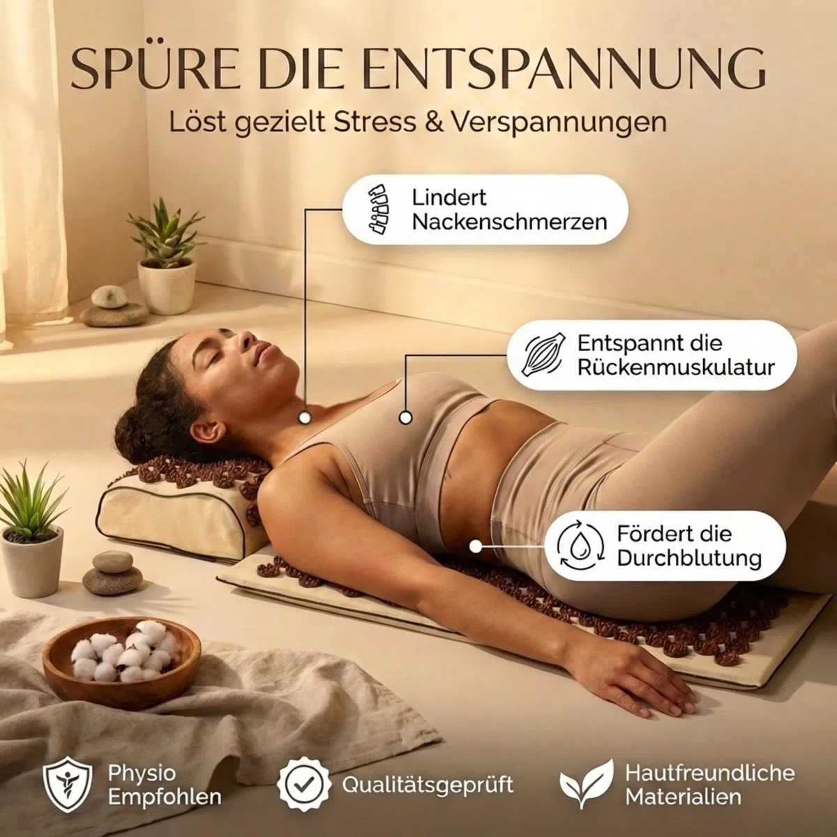 Tappetino di Agopressione Premium 6 in 1 - Edizione Sandstone | Massaggio schiena e cervicale contro stress e tensioni | Con cuscino, tappetino extra, palla da massaggio e borsa | Senti la differenza