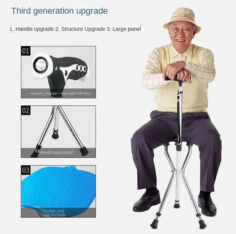 Bastone da passeggio pieghevole con sedile, sedia portatile con bastone da passeggio in lega di alluminio, sgabello treppiede leggero con funzione di sblocco automatico, sedia pieghevole antiscivolo (