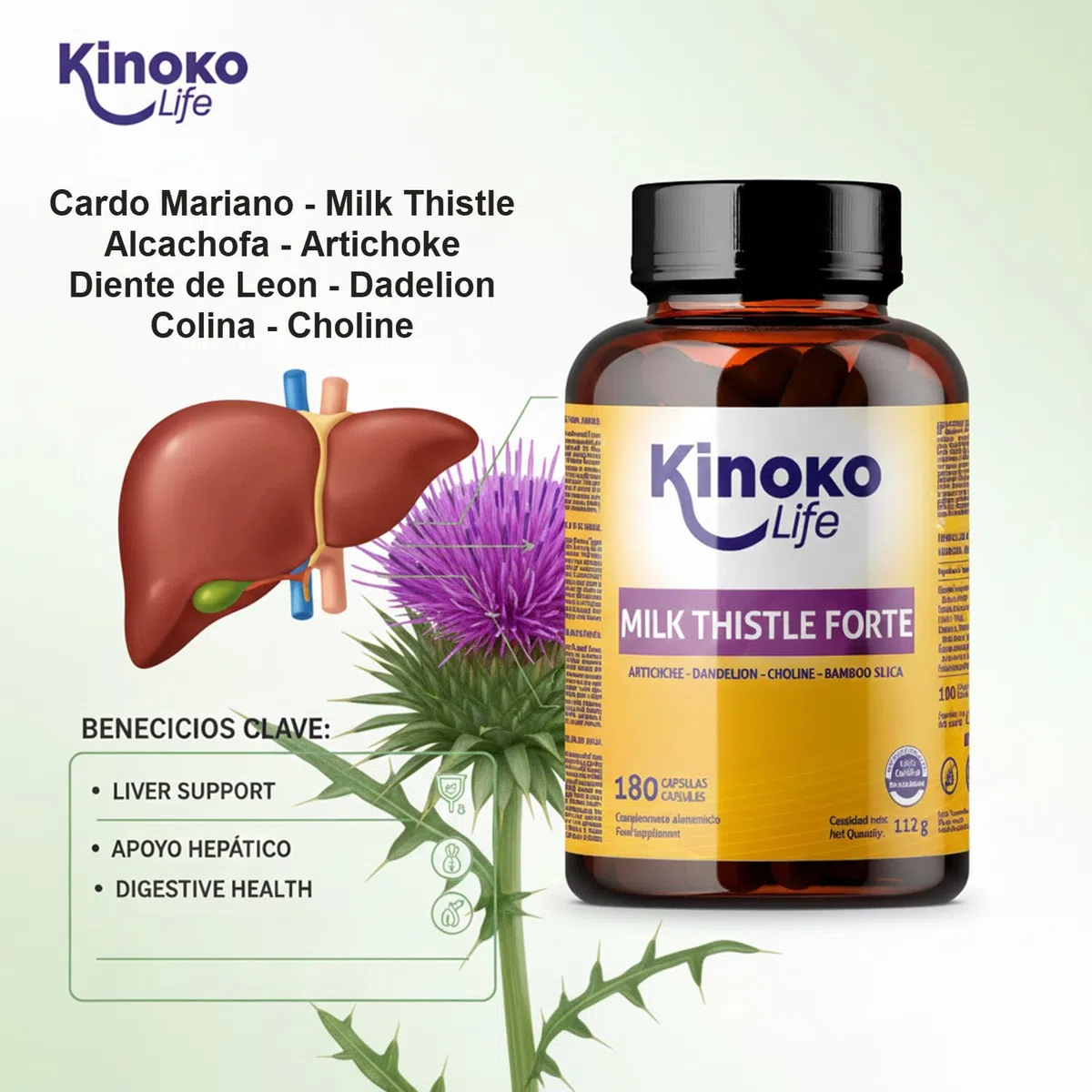 Cardo Mariano Tarassaco e Carciofo Detox Forte 180 Capsule con Colina e Silimarina 80% Estratto 25:1 Kinoko Life