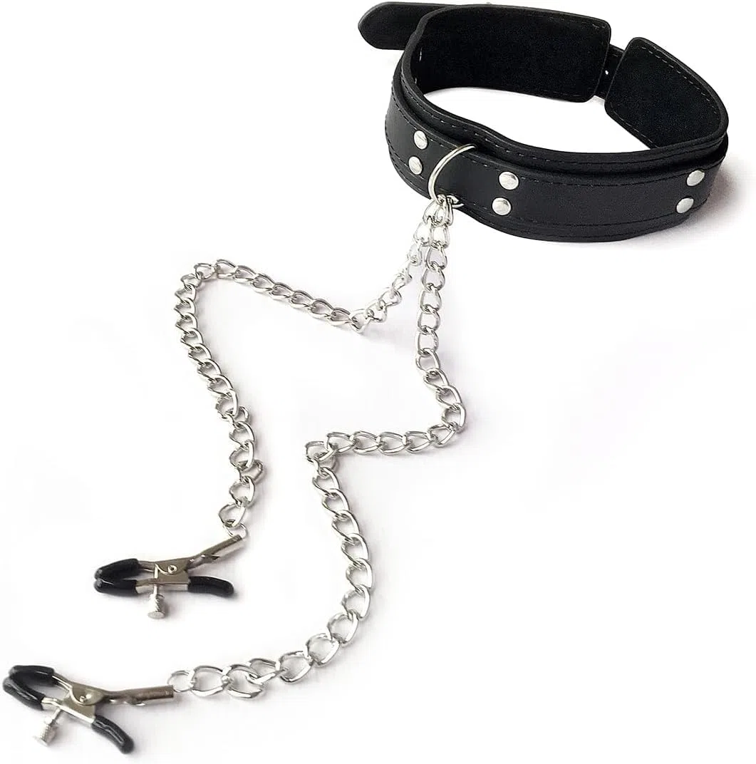 Collare sexy in pelle e collana con clip a catena integrata
