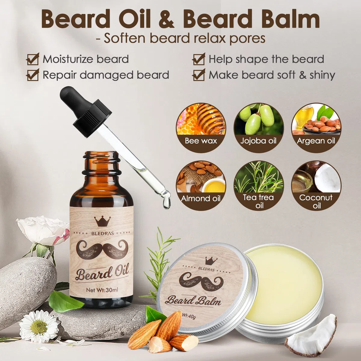 11 in 1 Barba Cura Set, Bledras Cura Della Barba Professionale per Uomo, con Olio da Barba, Balsamo Barba, Shampoo Barba, Rasoio Dritto, Forbici, Spazzola,Pettine, Kit Barba Uomo Regali per Lui e Papà
