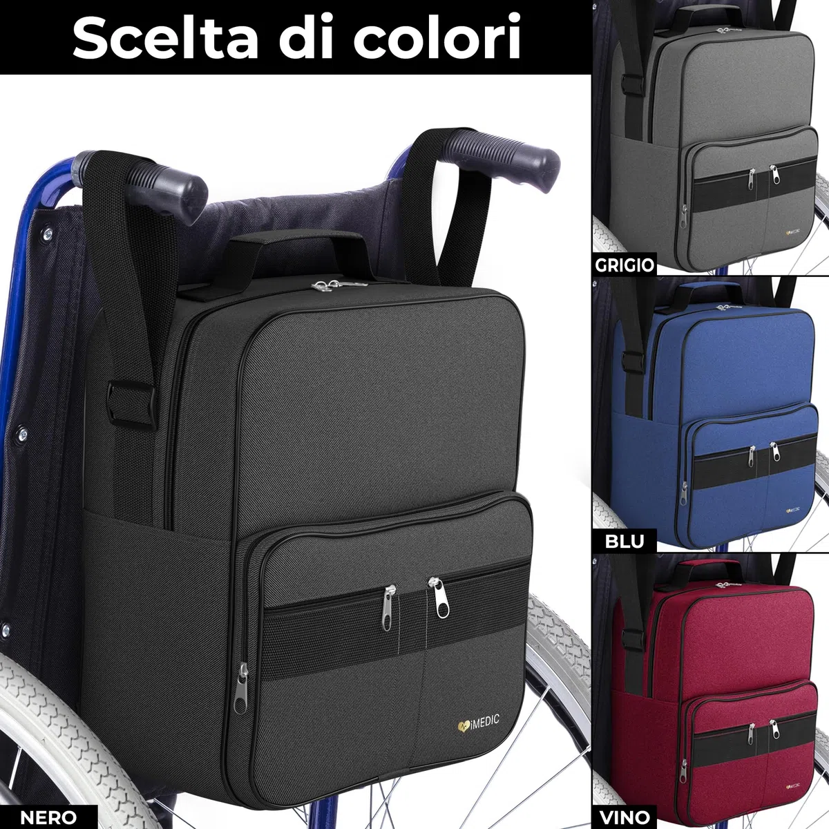 iMedic - Borsa Per Sedia A Rotelle - Accessori Sedia A Rotelle - Da Appendere Alle Maniglie Per Un Uso Pratico E Utile - Nera