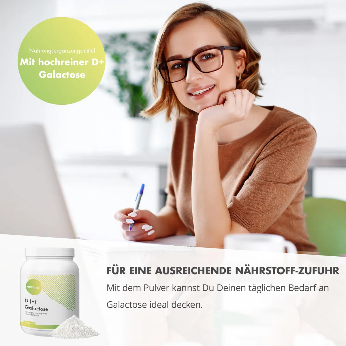 D+ Galattosio Polvere 1000 g - Qualità tedesca, elevata purezza > 99% senza additivi e ingegneria genetica, vegetariana, con misurino - zucchero mucoso, zucchero semplice | Nutritec
