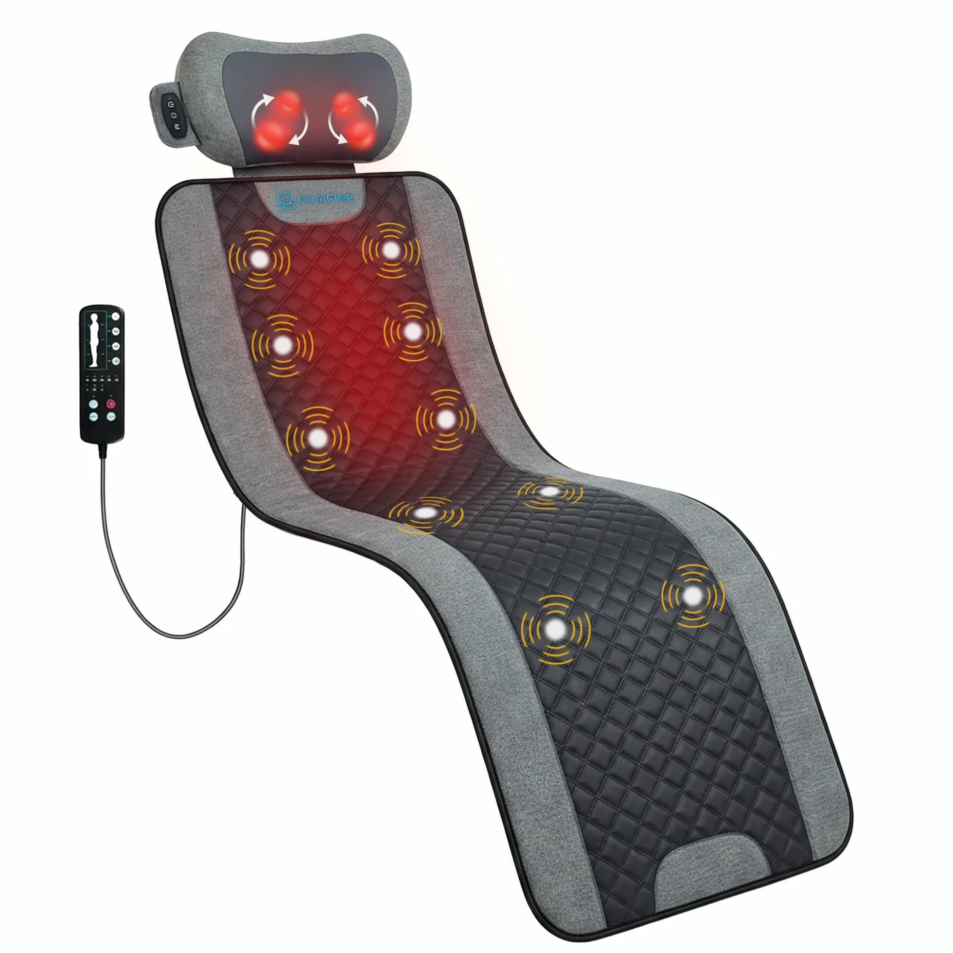 COMFIER Tappetino massaggiante per tutto il corpo con calore, cuscino massaggiante per la schiena con cuscino per il collo Shiatsu, 10 motori vibranti e 3 livelli di tappetino massaggiante riscaldante