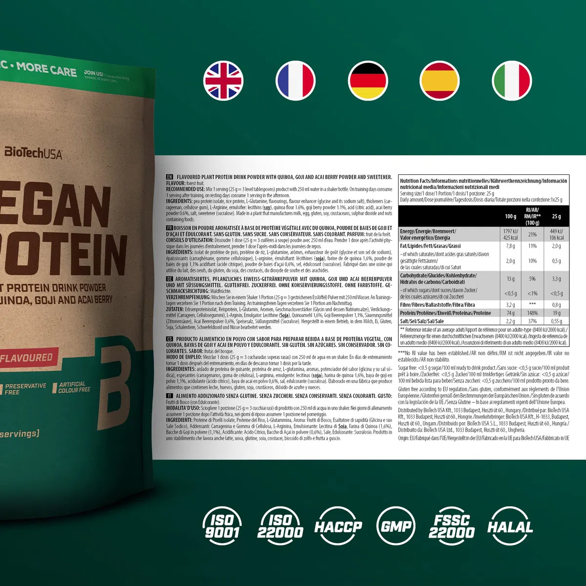 BioTechUSA Vegan Protein | Frullato a base di riso e piselli con superalimenti e aminoacidi | Senza zucchero, lattosio e glutine, 500 g, Frutti di bosco