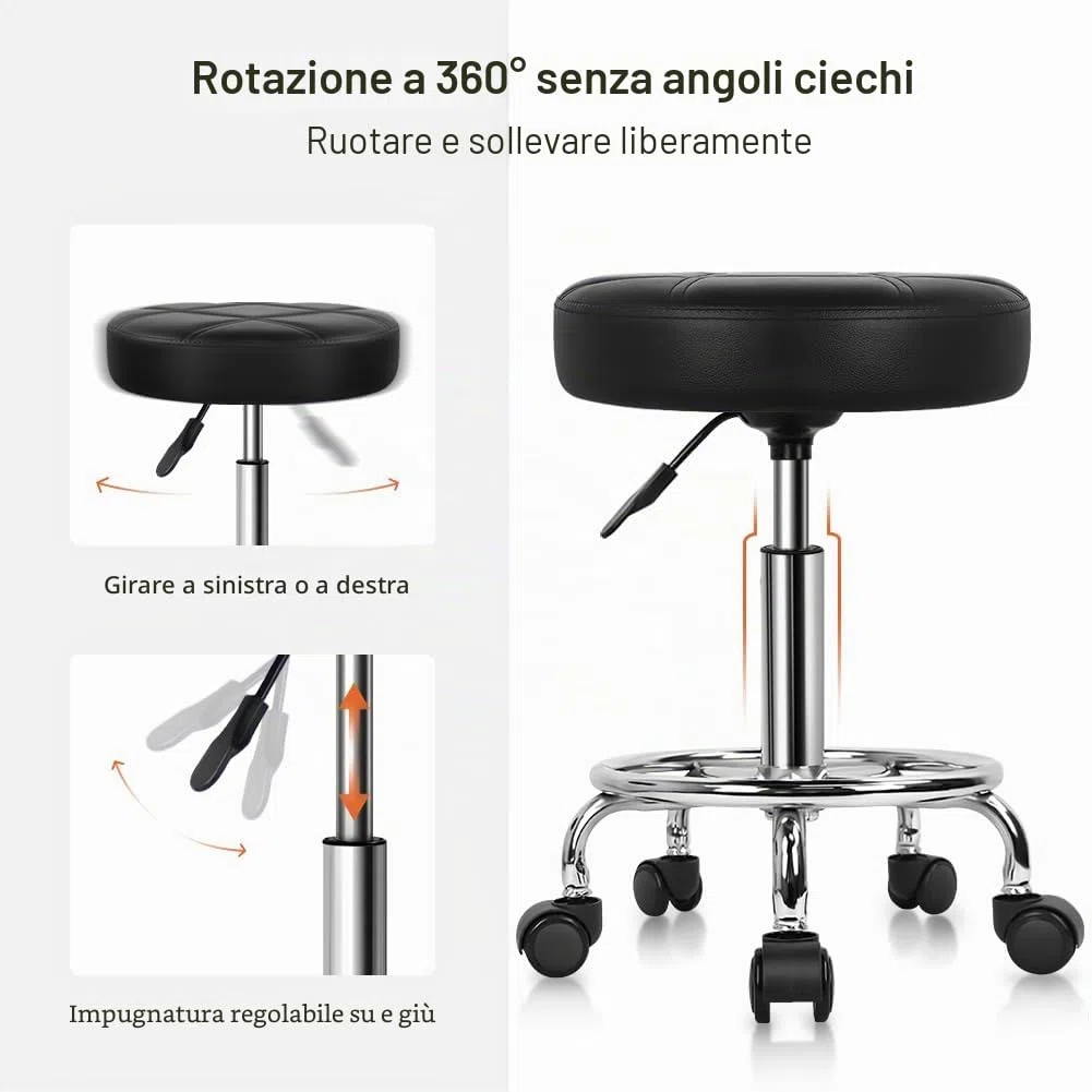 KKTONER Sgabello Rotondo con Ruote Regolabile, Sedia da Lavoro Imbottita con Cuscino in Pelle, Piccolo e Confortevole, per Casa, Parrucchiere, Ufficio, Studio Nero
