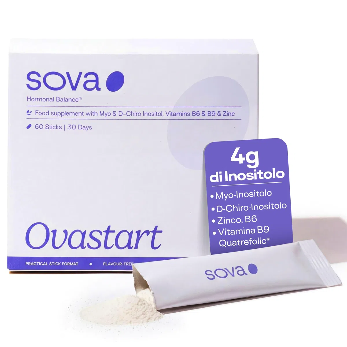 Myo Inositolo e D Chiro Inositolo 4000 mg - PCOS - con Acido Folico (Vitamina B9), Zinco e Vitamina B6 – Integratore Donna per Equilibrio Ormonale Femminile – 60 Bustine – SOVA - Ovastart