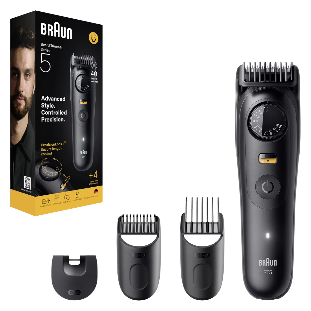 Braun Trimmer Barba Series 5, + 4 strumenti per creare il suo stile, lama ultra affilata, 120 min di autonomia, 40 lunghezze, impermeabile, rotella di precisione e bloccaggio, BT5520, nero