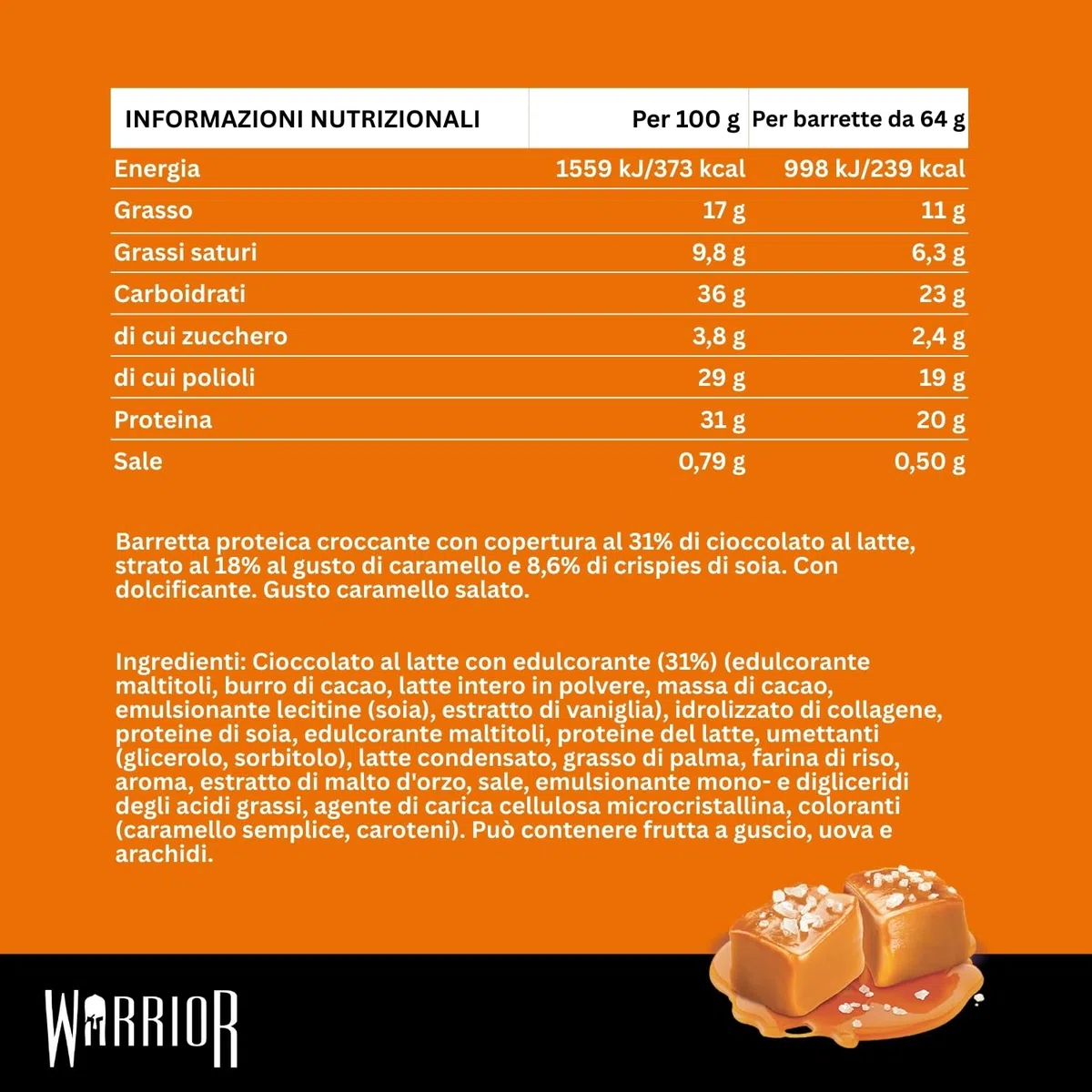 Warrior Crunch Barrette Proteiche – Proteine Alte, Zuccheri e Carboidrati Bassi – Snack Energetico per Palestra e Recupero Muscolare (Caramello salato)