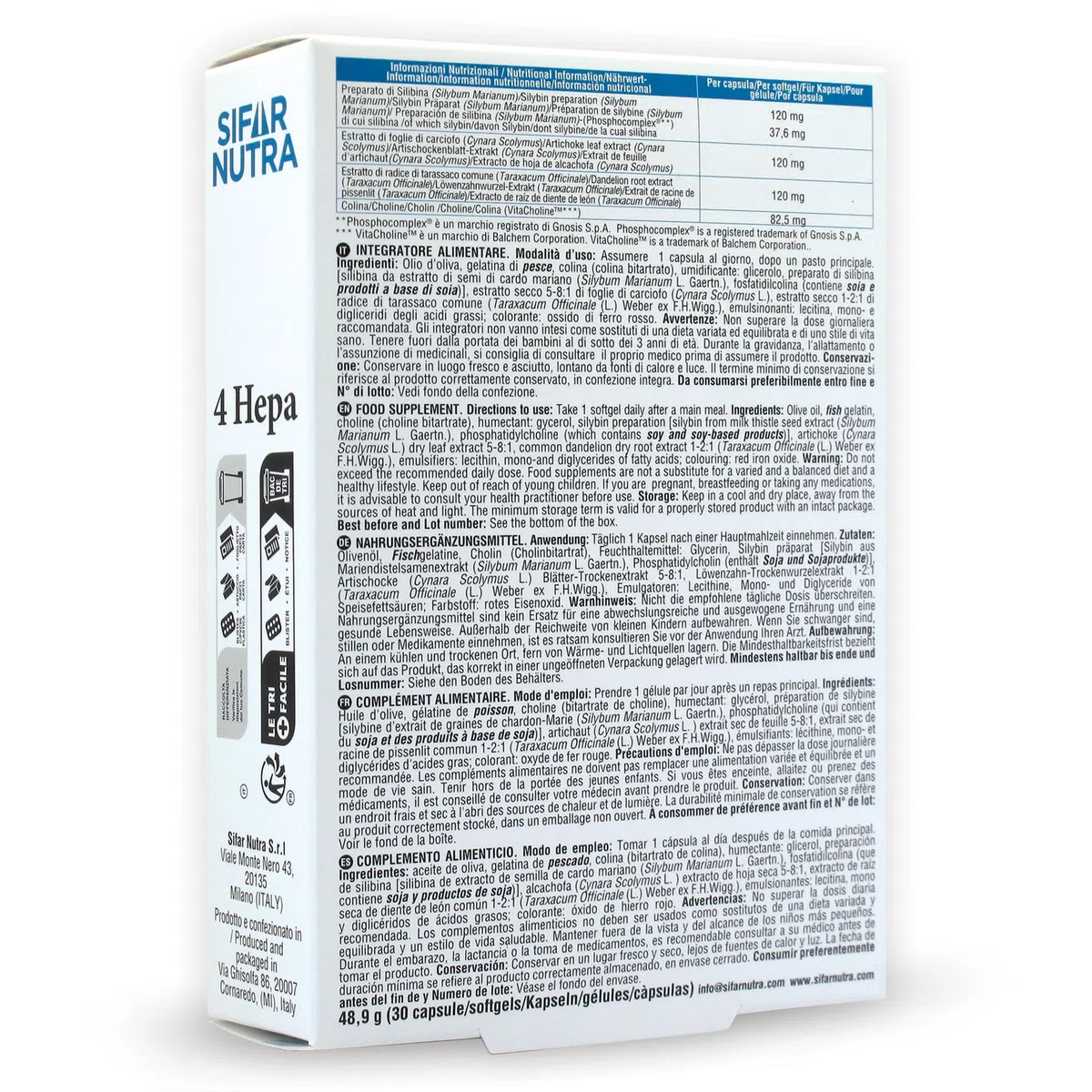 Sifar Nutra 4 Hepa | integratore depurativo fegato | per la normale funzionalità epatica | con carciofo, tarassaco, colina, silibina da cardo mariano | 30 capsule