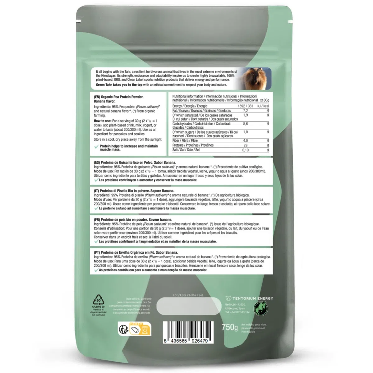 Green Tahr Proteine di Pisello in Polvere Vegane Bio Gusto Banana 750g. 79% Proteine Vegetali per Massa Muscolare Senza Zucchero, Edulcoranti, Lattosio né Glutine