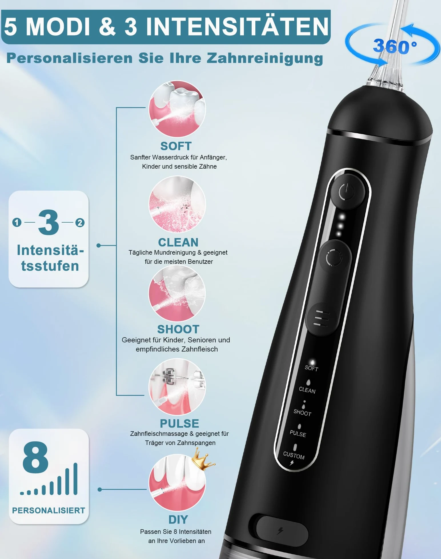 Idropulsore Dentale Portatile DIY, Irrigatore Orale 5 Modalità e 3 Intensità, Irrigatore Dentale Serbatoio 300ML, Ricarica USB, Impermeabile IPX7, Senza BPA, Silenzioso, per Viaggi e Casa
