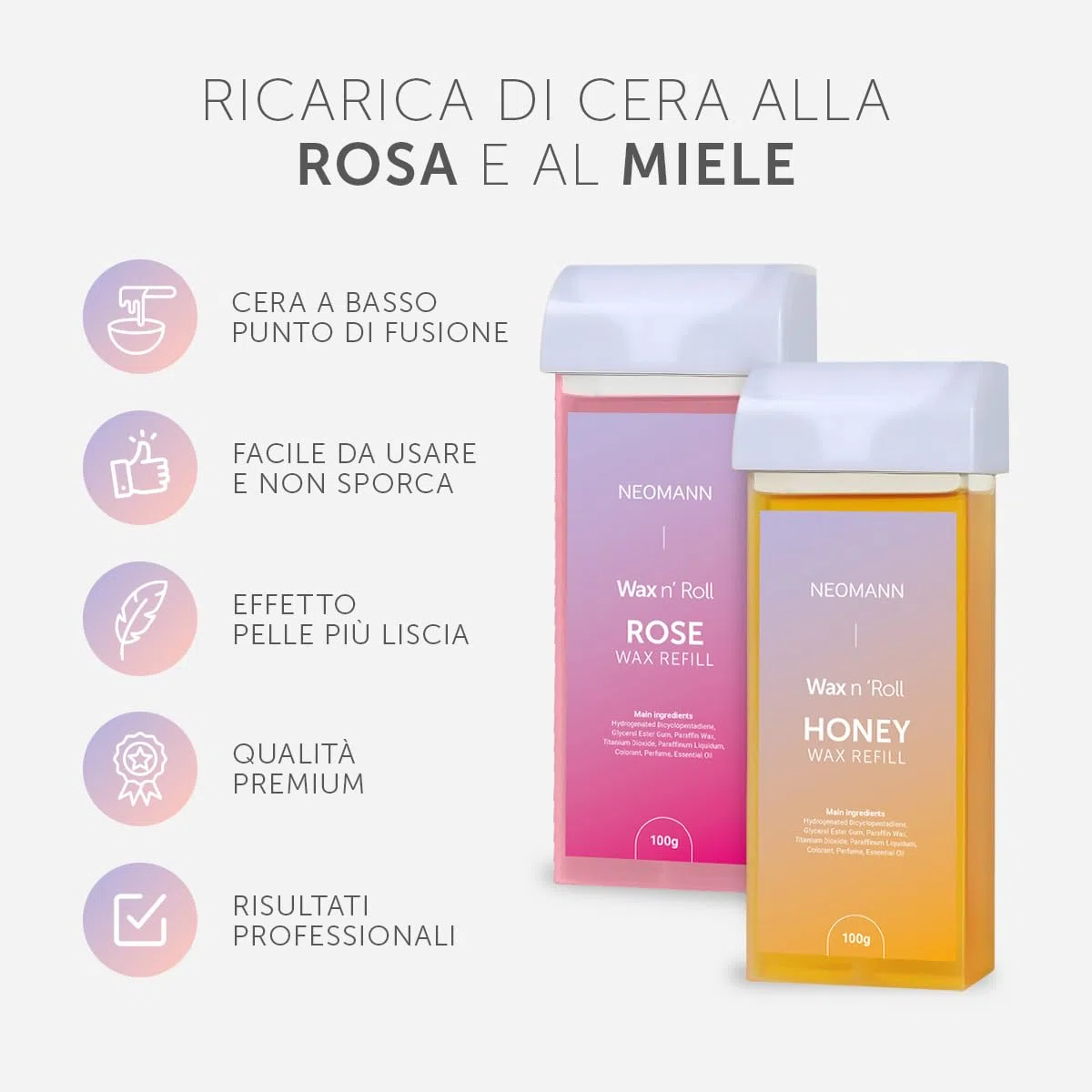 Wax n'Roll - Kit rullo per cera con 1 rosa e 1 ricarica di miele, 50 strisce, 6 salviette per la cura della pelle, scaldacera roll-on per una pelle liscia