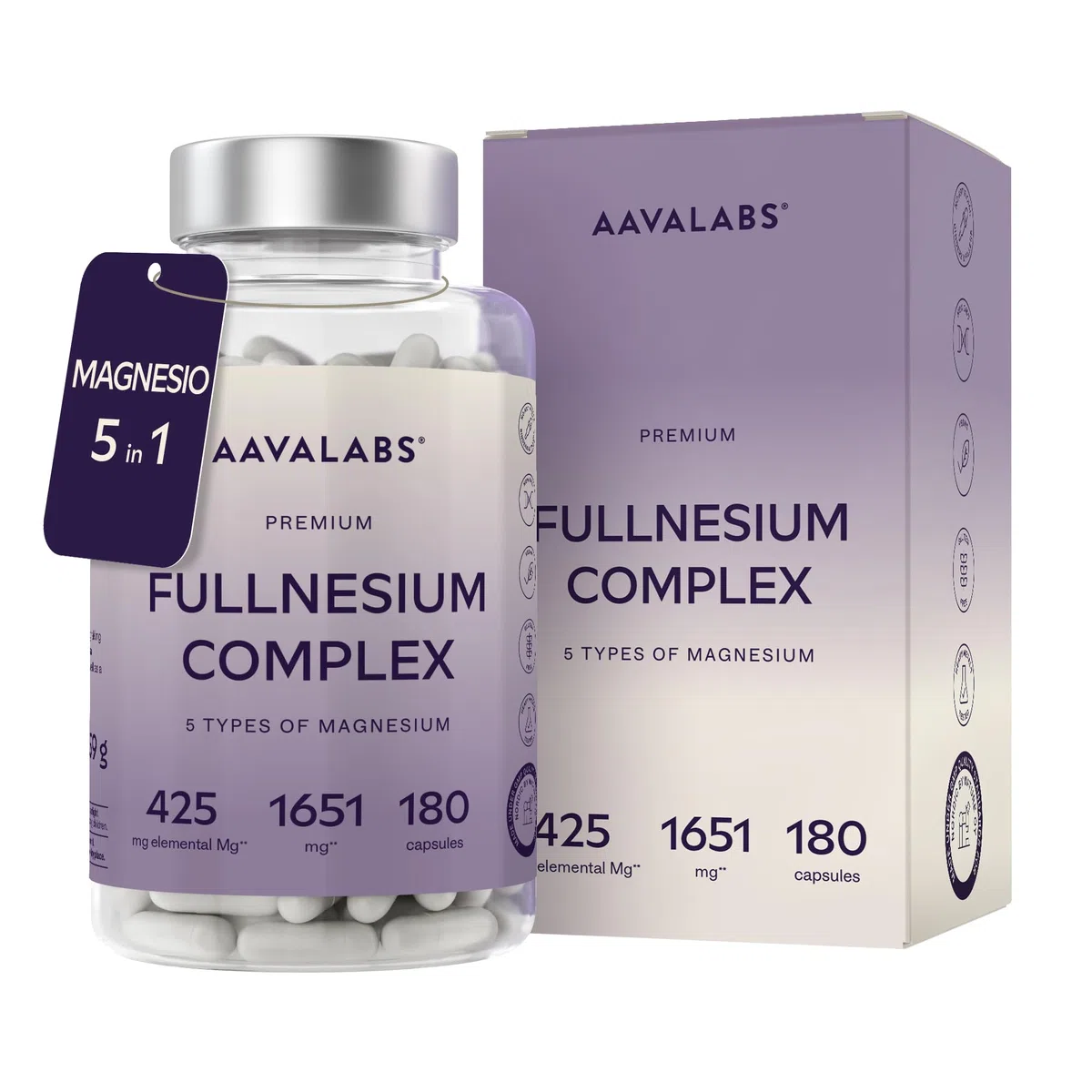 Magnesio Completo 1651mg | 5 Fonti di Magnesio: Citrato, Bisglicinato (Glicinato), Malato, Taurato, Ossido - 425mg Mg Elementare - Integratori Stanchezza - Integratore Donna e Uomo - 180 Capsule