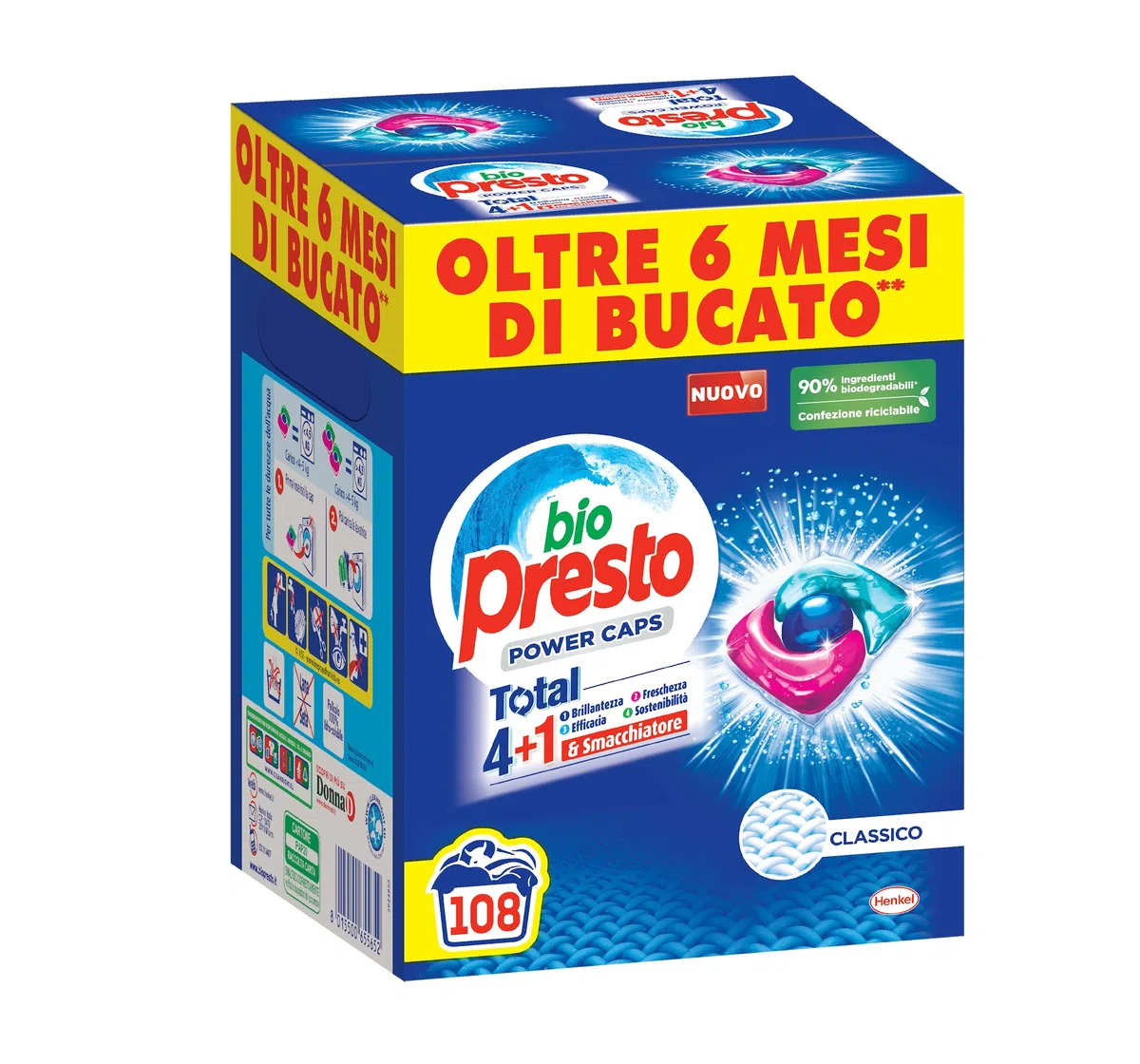 Bio Presto Power Caps Classico, Detersivo Lavatrice Predosato in Capsule, Confezione da 108 Lavaggi
