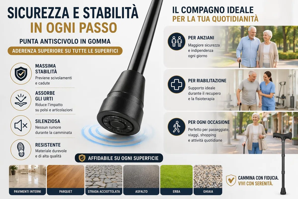 Bastone da Passeggio Regolabile in Lega d'Alluminio, Leggero, Nero, per Uomo e Donna