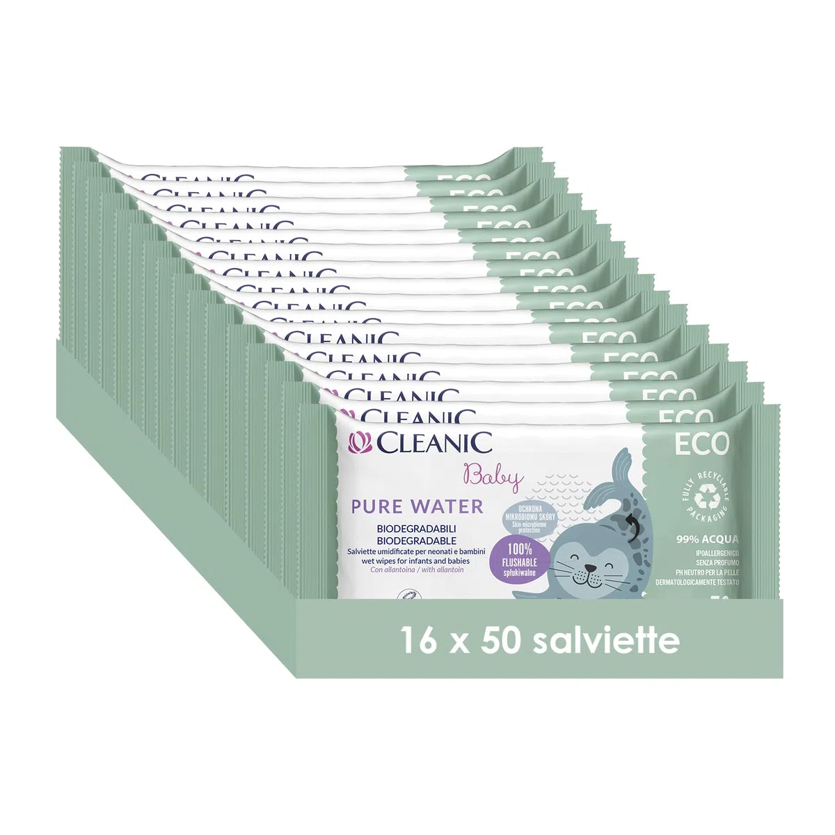 Cleanic Salviette Umidificate Baby Eco Pure Water - (50x16 Pezzi) Salviette - Composizione 99% acqua, allantoina, senza profumo, lavabili, per pelli sensibili - 800 Pezzi
