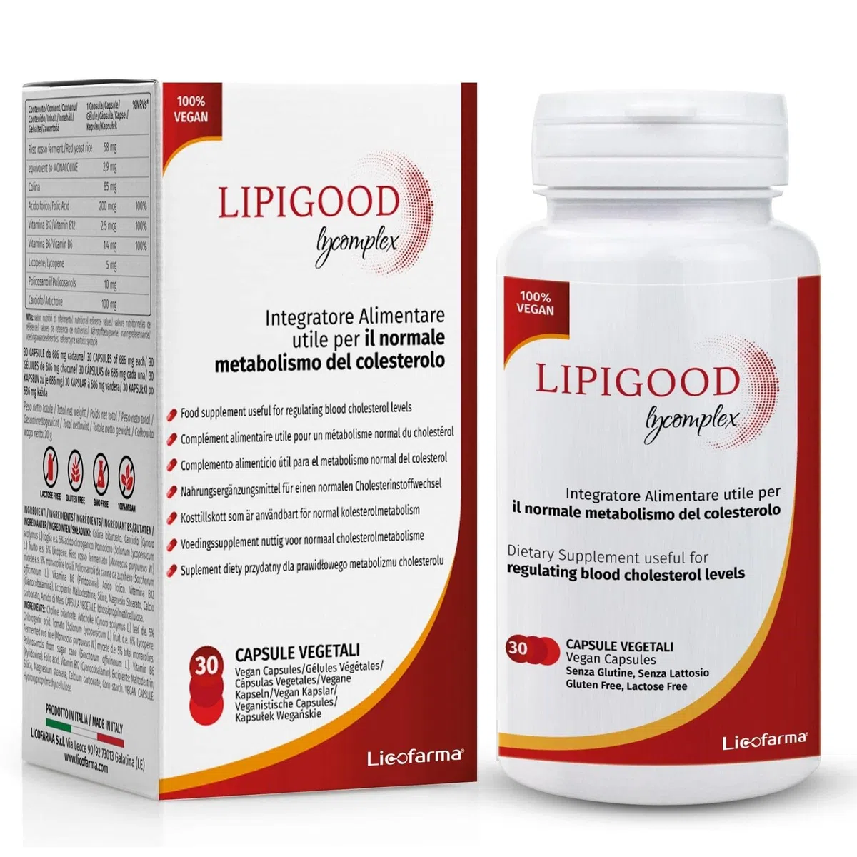 Lipigood Lycomplex Integratore Colesterolo | Riso Rosso Fermentato | Monakolina K, Colina, Licopene, Policosanoli, Carciofo, Coenzima Q10 | Acido Folico, Vitamine B6 e B12 | 30 capsule