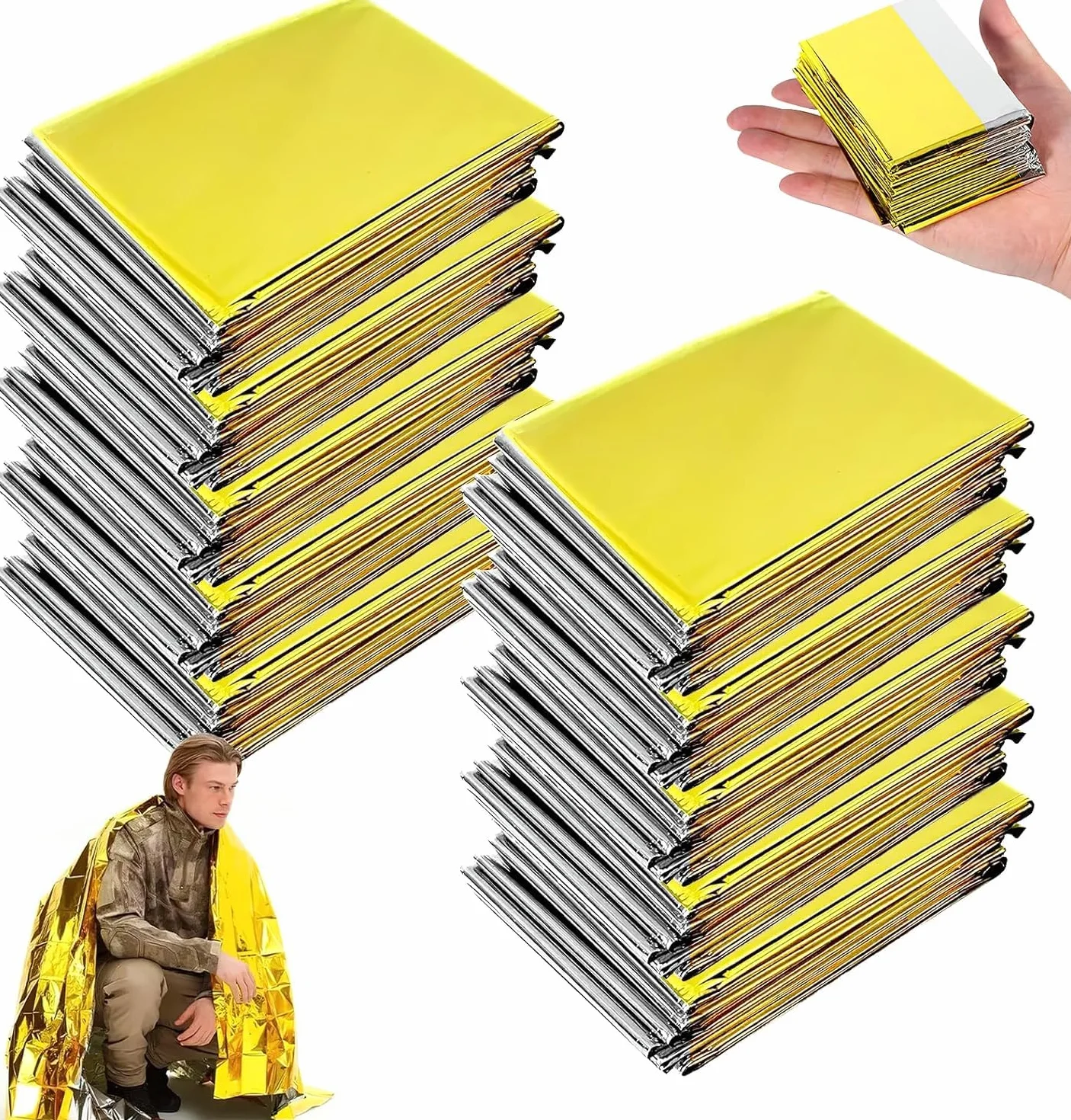 HENGBIRD Confezione da 10 Coperte di Emergenza 210 x 130 cm Oro/Argento, Coperta Termica Rettungsdecke, Coperta Isotermica per Primo Soccorso, Foglio di Salvataggio, Materiale PET Resistente