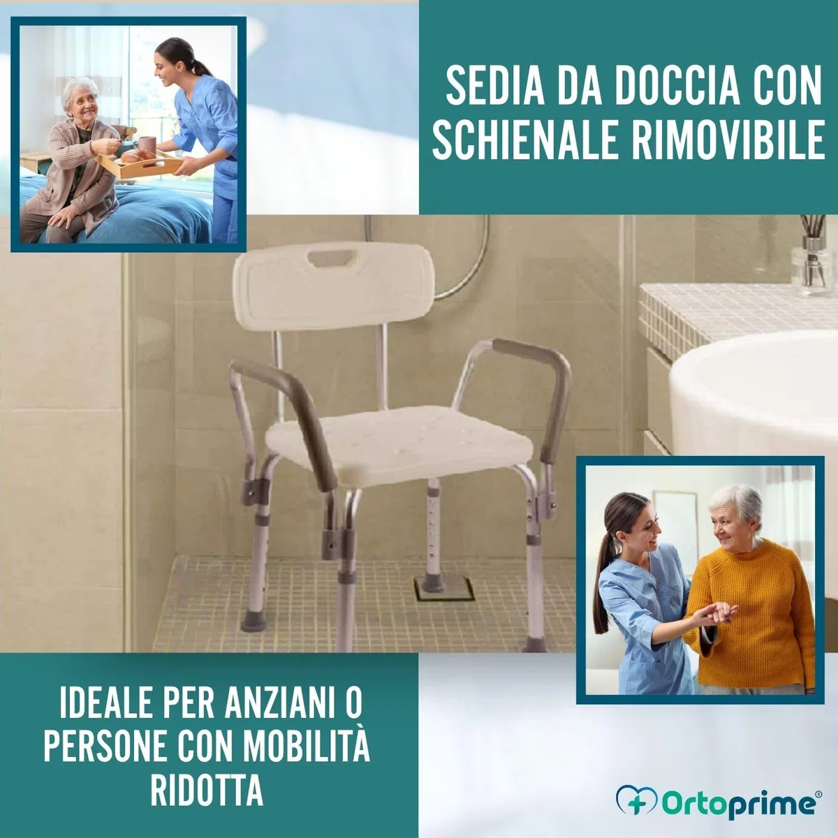 OrtoPrime Sedia da Doccia per Anziani con Schienale Rimovibile – Seggiolino Doccia Antiscivolo Regolabile in 6 Altezze – Sedile per Doccia Anziani e Disabili con Braccioli Imbottiti