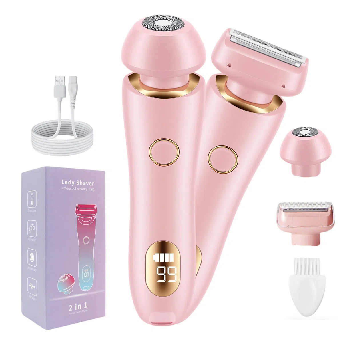 Rasoio Elettrico da Donna 2 in 1 a Doppia Testa,USB Ricaricabile,Impermeabile IPX7,Intima Donna Indolore per Viso, Gambe, Braccia e Zona Bikini