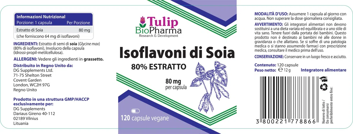 Tulip BioPharma Isoflavoni di Soia 80% | 120 Capsule | Scorta per 4 Mesi | Estratto Standardizzato ad Alta Concentrazione, Fitoestrogeni | Qualità Verificata