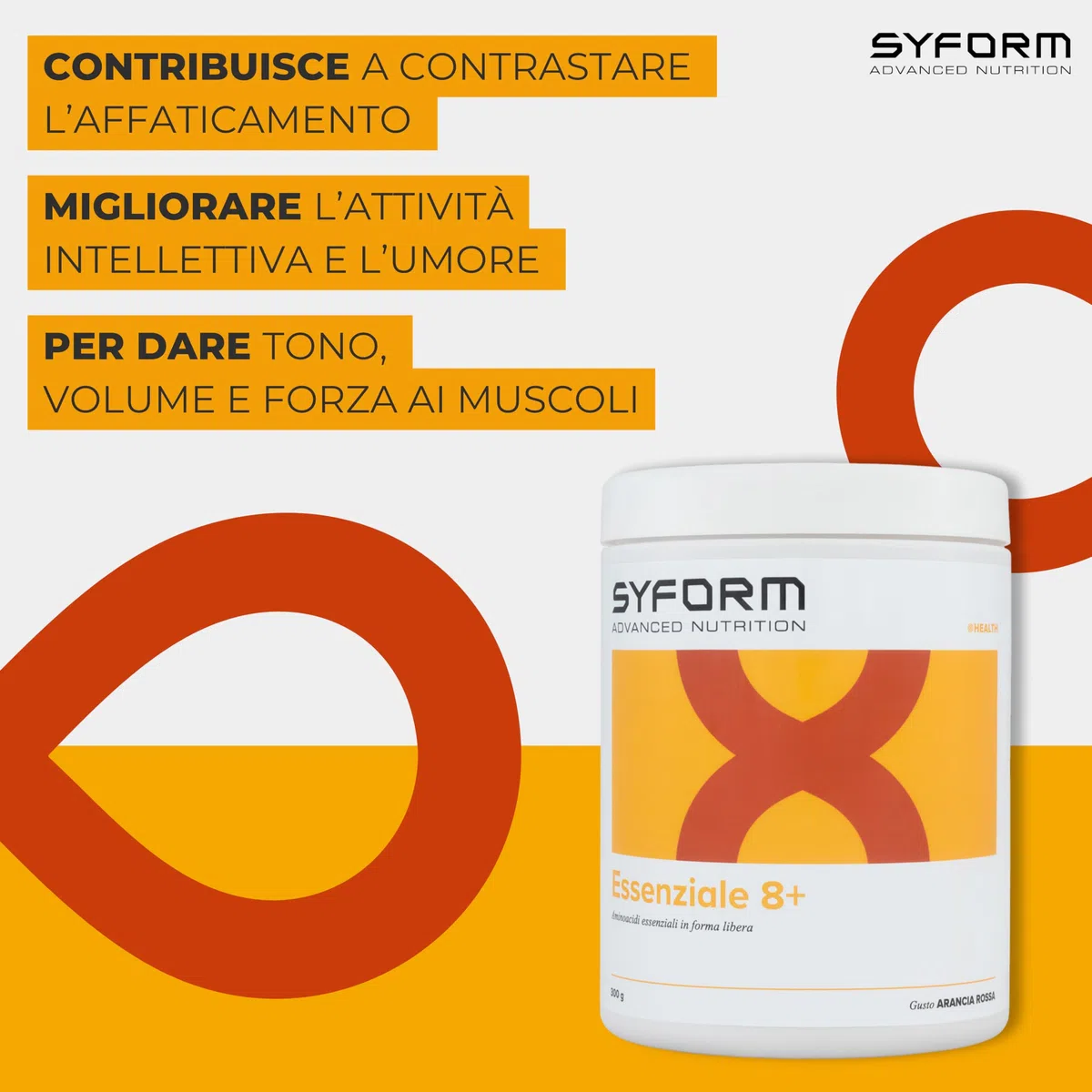 ESSENZIALE 8+, Aminoacidi essenziali e semi-essenziali in forma libera, Adatto ai vegani, Senza Glutine, Senza Lattosio, ARANCIA ROSSA 300 G