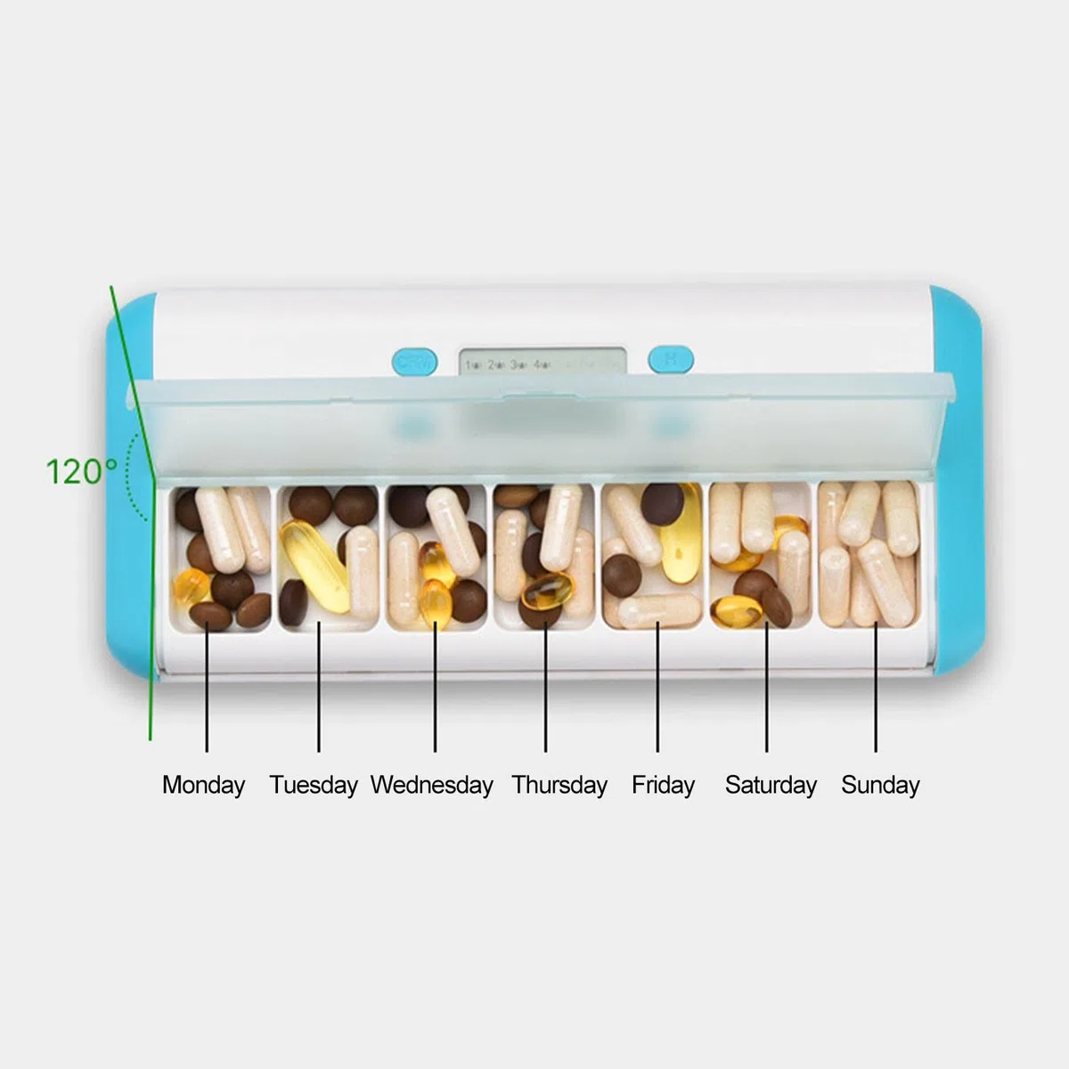 Qianly Pills Reminder Case Portapillole Settimanale con Allarme Intelligente Timer Box Farmaci 7 Scomparti Vibrazione E Luce Lampeggiante Funzione Push, Bianco blu