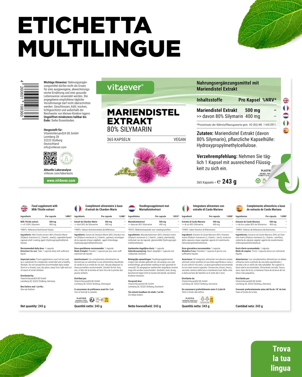 Estratto di cardo mariano 365 capsule da 500 mg ciascuna - contenuto di silimarina all'80% - fornitura per 12 mesi - dosaggio elevato - vegano