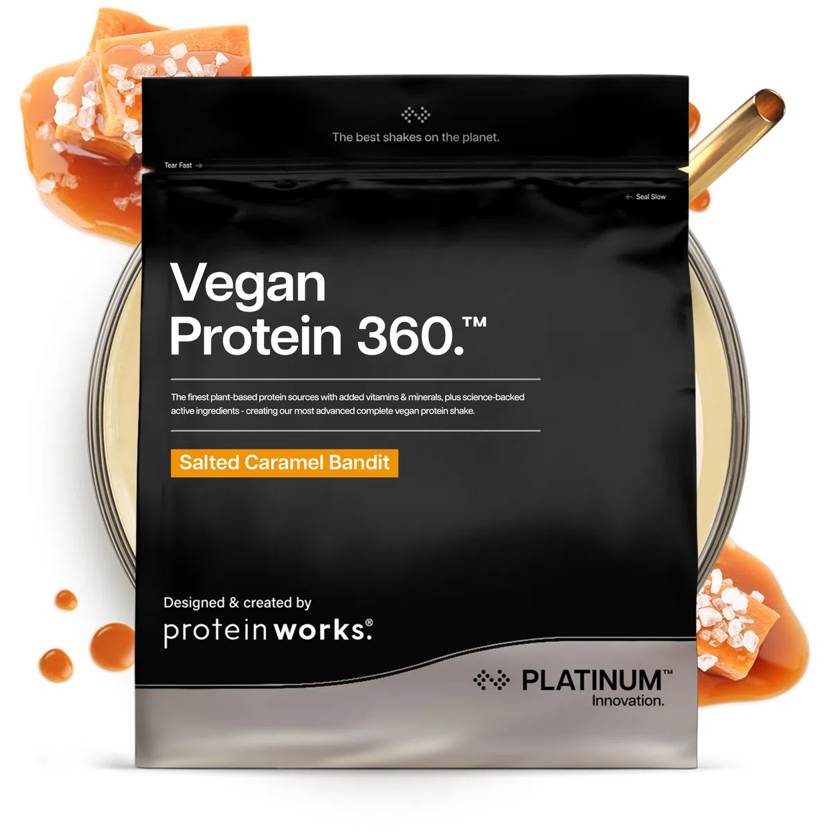 Protein Works | Vegan Protein 360 – PLATINUM Innovation, Polvere Proteica Vegan Premium, Shake Proteico Vegetale, Vitamine & Minerali Essenziali, Basso Zucchero, Caramello Salato, 28 Porzioni, 1kg