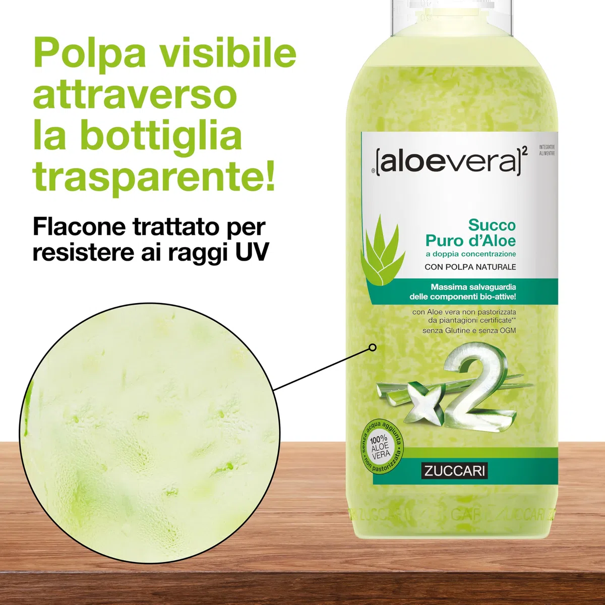 Zuccari ALOEVERA² Succo Puro d'Aloe, Bottiglia da 1000ml, Aloe Vera a Doppia Concentrazione, Non Pastorizzata, Supporto per la Depurazione e il Benessere Gastrointestinale
