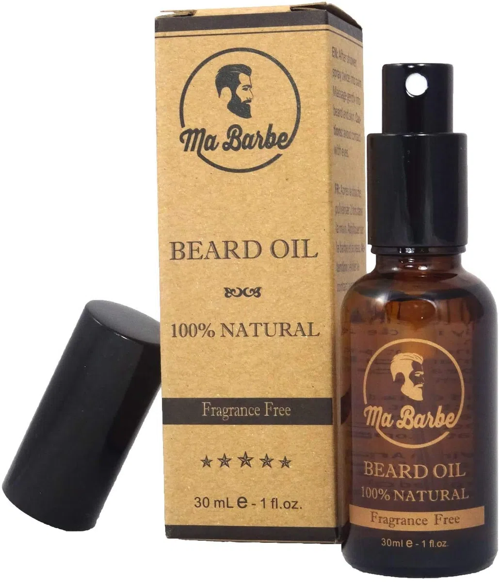 Olio di Barba Premium 100% NATURALE, senza profumo. Con uno spray! Nutre, idrata, ammorbidisce, e stimola la crescita e brillare. Miscela di 8 olii benefattori organici. Perfetto per pelli sensibili