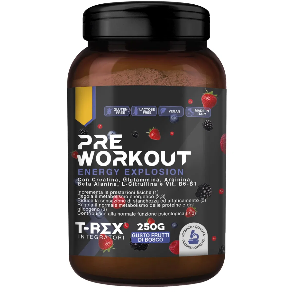 T-Rex Integratori Pre Workout, Energy Drink Potente con Creatina Monoidrata, Citrullina, Taurina, Arginina, Beta Alanina e Vitamine - Senza Caffeina, 250 g (250 g (Confezione da 1), Frutti di Bosco)