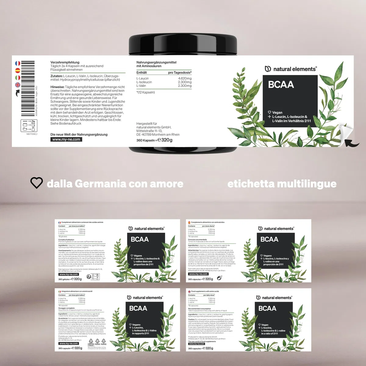BCAA – 360 capsule in piccolo formato – amminoacidi essenziali leucina, isoleucina e valina – vegano, ad alto dosaggio, senza additivi – aminoacidi ramificati – testato in laboratorio