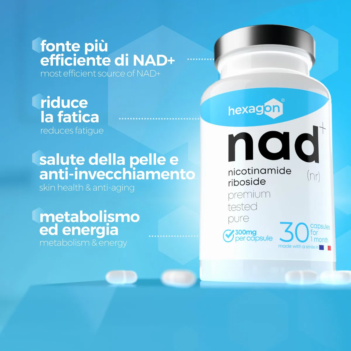 NAD+ Nicotinamide Riboside Chloride 300mg - +1 Mese di Cura - NAD Booster - Anti-Età e Contro la Fatica, Supporto Nervoso - 30 Capsule Vegetali - Vegan & Premium - Hexagon
