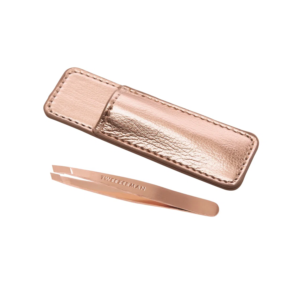 TWEEZERMAN Mini pinzetta con fodero in pelle (punta angolata per pinzettare le sopracciglia, formato da viaggio), oro rosa