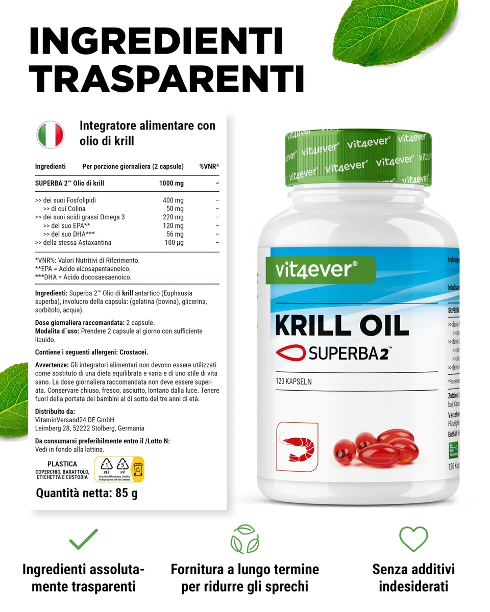 Krill Oil - 120 Capsule - Premium: Superba Antarctic Krill Oil - Ricco di EPA + DHA + Astaxantina + Fosfolipidi + Acidi grassi Omega 3 - Da coltivazione sostenibile.