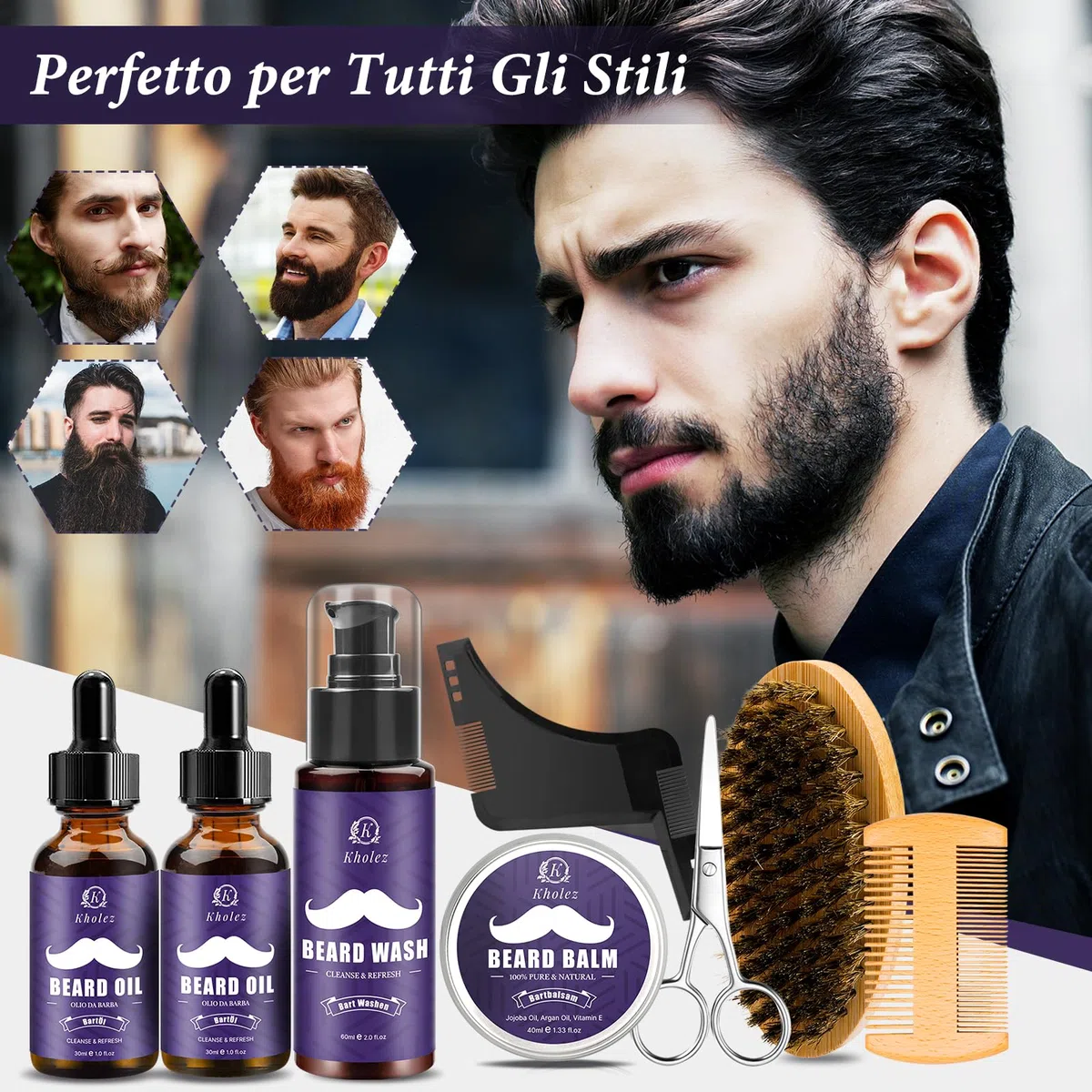 KHOLEZ Kit Barba Uomo Professionale, Set Barba Uomo, Set Cura Barba con Olio Barba, Balsamo Barba, Shampoo Barba, Forbici, Pettine Barba, Spazzola Barba, Modello Barba e Sacca Viaggio, Regalo Uomo