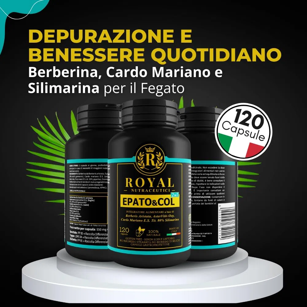 Berberina, Cardo Mariano e Silimarina – Integratore Detox Fegato e Depurativo Fegato Epatico – Supporto Naturale per Metabolismo e Benessere – 120 Capsule Vegan – ROYAL NUTRACEUTICI