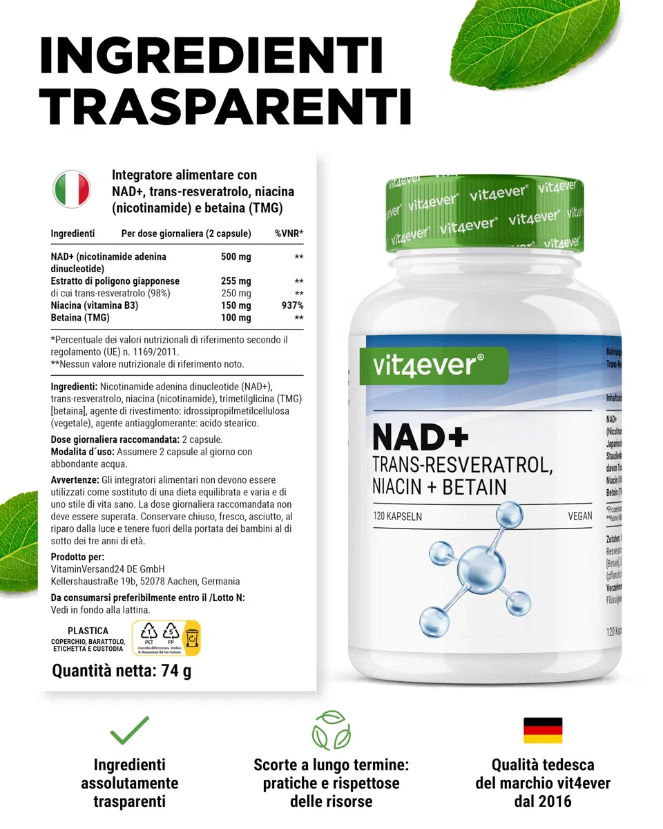 vit4ever Capsule NAD+ - 500 mg di NAD+ (Nicotinamide Adenina Dinucleotide) + 250 mg di Trans-Resveratrolo 98% + 150 mg di Niacina + 100 mg di Betaina (TMG) - 120 Capsule Vegane - Scorta per 60 Giorni