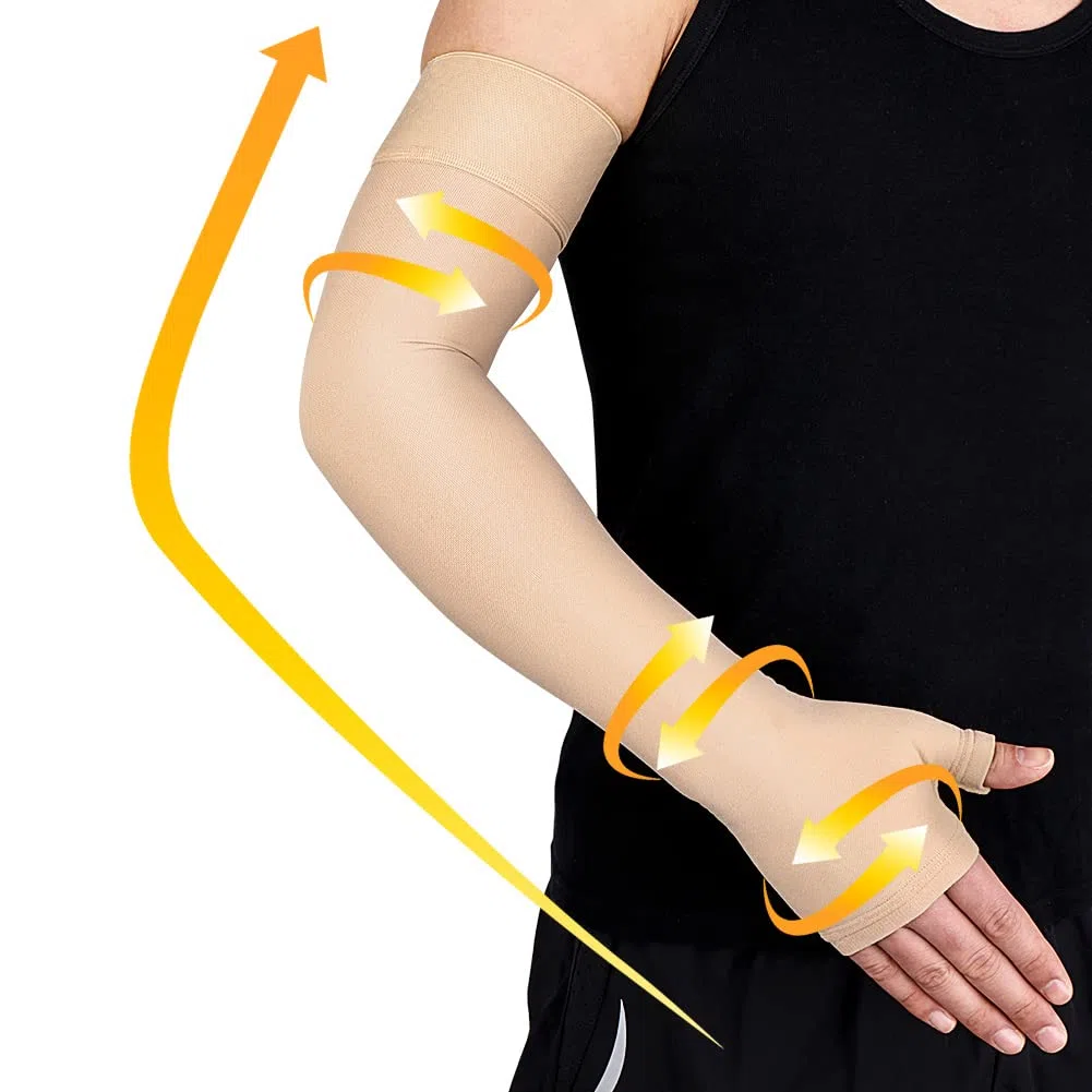 beister Manicotto a compressione per braccio con guanto, 20-30 Mmhg, braccio completo con fascia in silicone, graduato per uomini e donne, unisex, XL, beige, tinta unita, BI-AS-017-BG-XL-DE