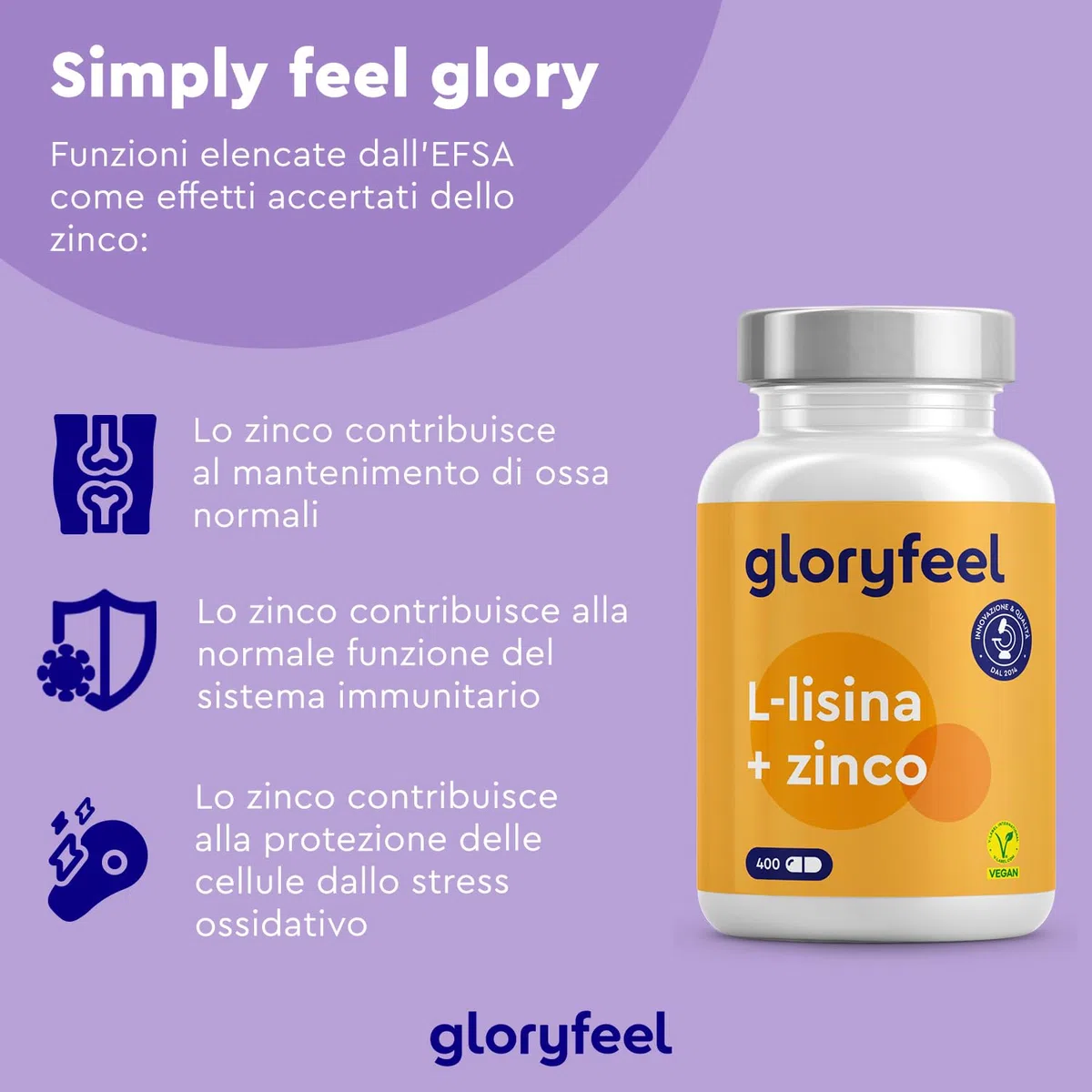 L-Lisina, 400 Capsule, 1.000 mg di L-lisina + Zinco 1,5 mg per Dose Giornaliera, da Fermentazione Vegetale, Vegana, ad Alto Dosaggio, Senza Additivi, Prodotta e Testata in Laboratorio in Germania