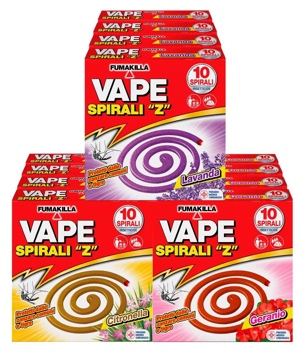 12x Vape Spirali Z Profumate Lavanda Geranio e Citronella Repellente Insetticida Antizanzara contro Zanzare Comuni e Tigre Presidio Medico Chirurgico - 120 Spirali Profumazioni Assortite