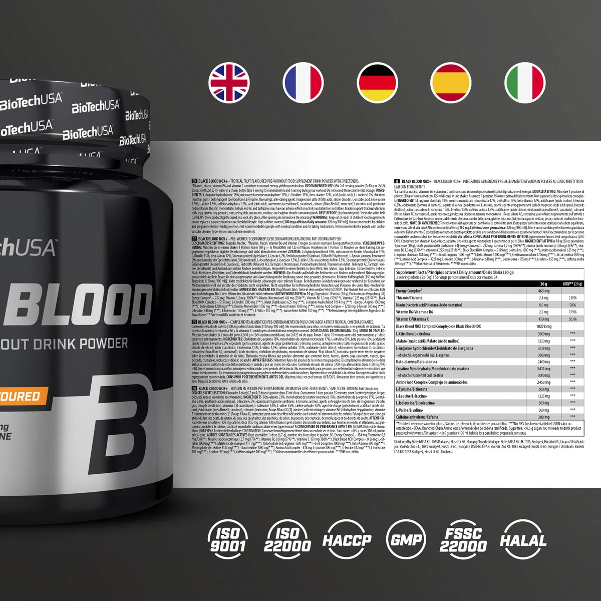 BioTechUSA Black Blood NOX+ | Formula Pre-Allenamento | con Caffeina, Creatina, Tirosina | Senza Zucchero | 340 g | Frutta tropicale