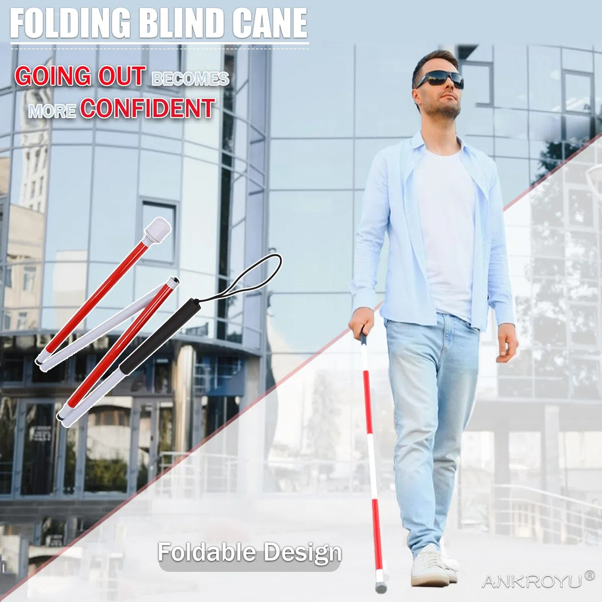 Bastone Cieco Pieghevole, Canna Riflettente in Lega di Alluminio, Bastone Cieco Bianco, Bastone Guida Per Anziani E Non Vedenti,125cm