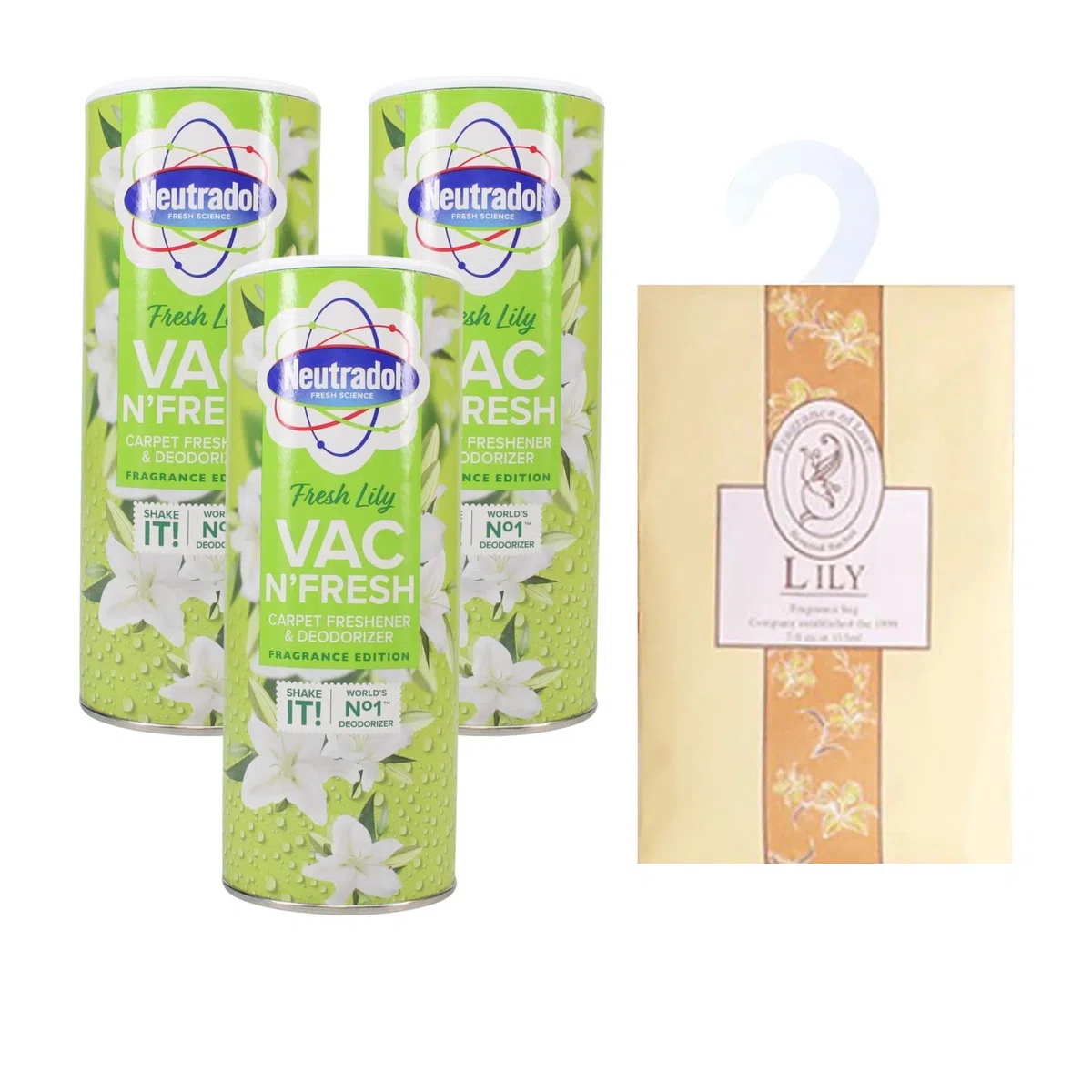 2 in 1 Shake and Vac, polvere detergente per tappeti: 3 x Neutradol 350 g Shake and Vac deodorante per tappeti Lily Fresh + sacchetto da appendere al profumo di spezie (giglio)