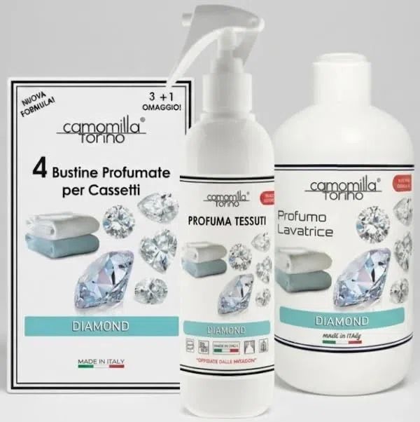 Camomilla Torino Tris Diamond Profumo Lavatrice 500 ml - 2 OMAGGI: Spray Tessuti 250 ml + 4 Buste Profumate per armadi e Cassetti | Essenza Bucato Concentrata Made in Italy.