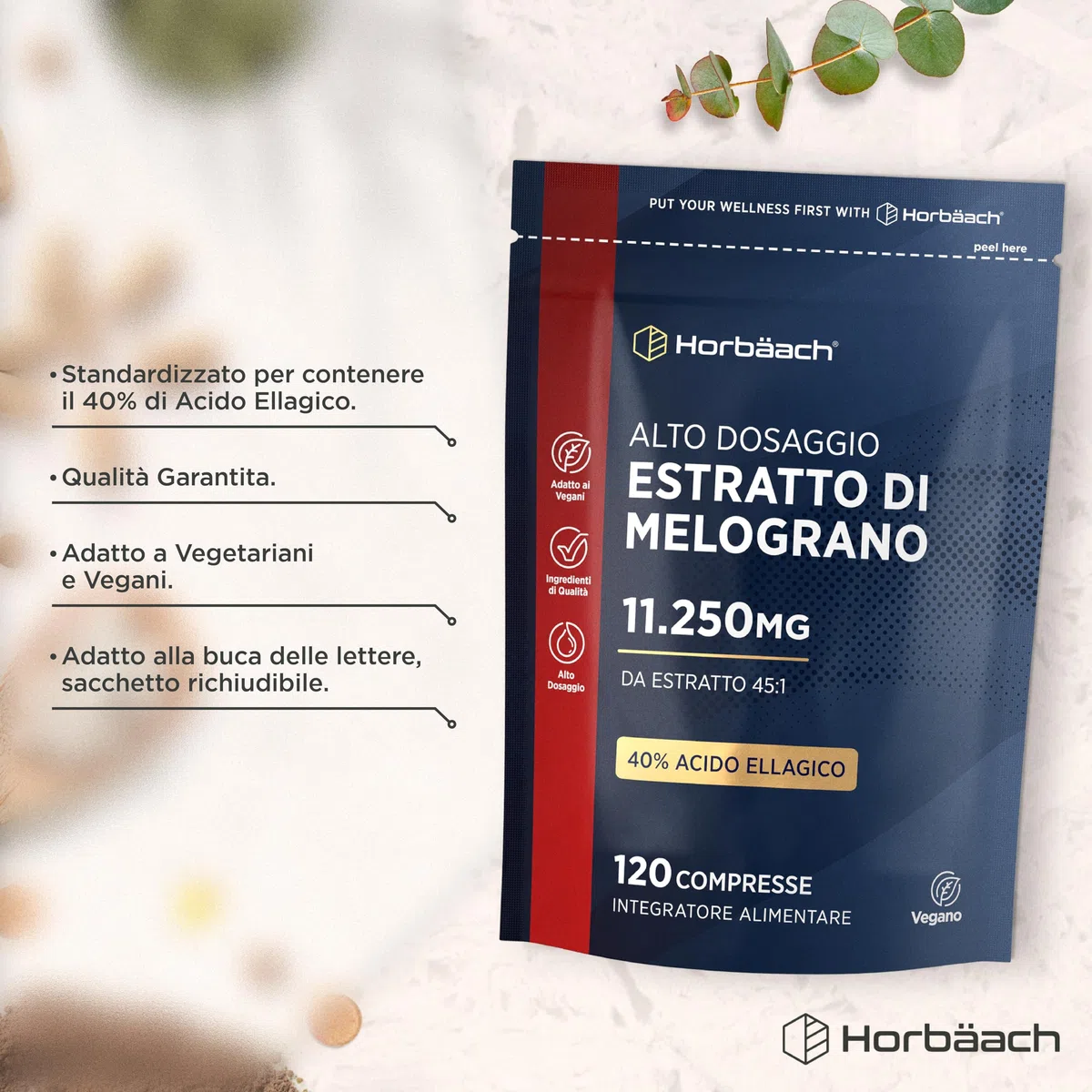 Estratto di Melograno Integratore 11250 mg | 120 Compresse Vegane | 4 Mesi di Scorta | 40% di Acido Ellagico | Pomegranate Extract Supplement | di Horbaach